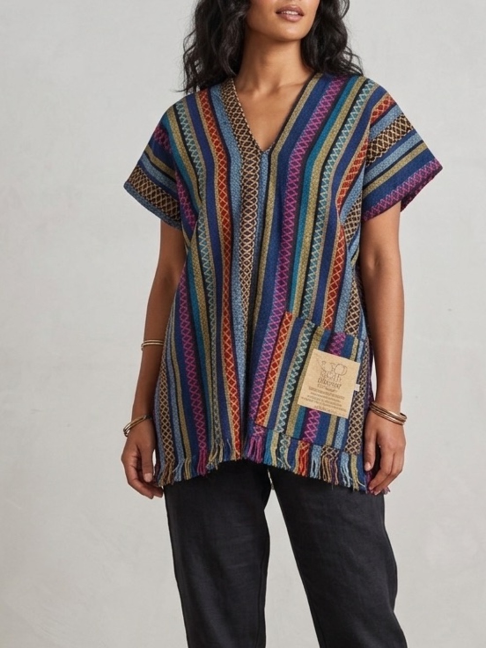 Multicolour Striped Fringe Embroidered‎ Poncho Short Sleeve Top Shirt Size Large
